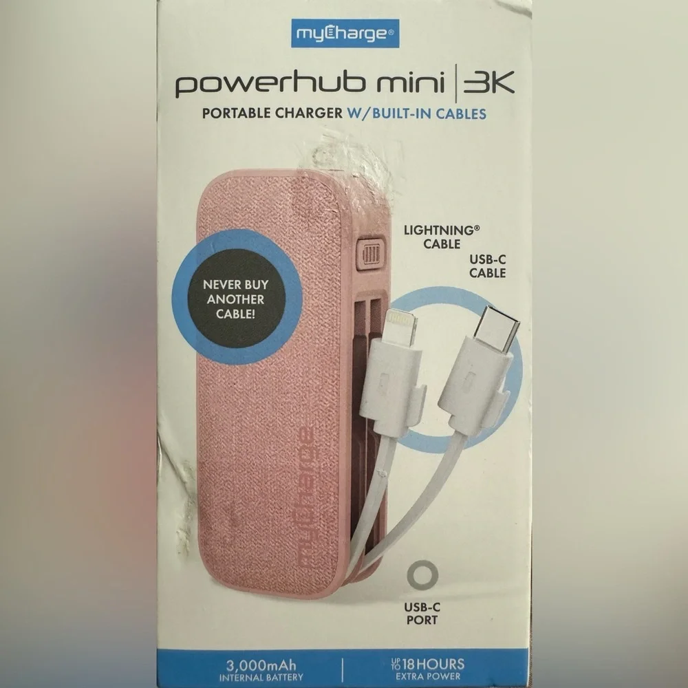 myCharge Powerhub Mini 3000mAh/12W Output Power Bank with Integrated Cables-Pink